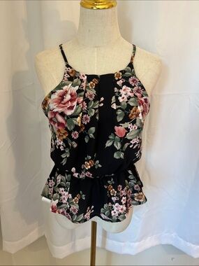 Francesca’s Black Floral Halter Peplum Tank Top